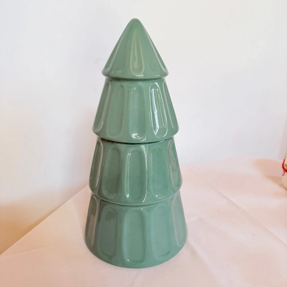 DesignPac Sage Green Ceramic Christmas Tree Cookie Jar Canister Holiday Decor
